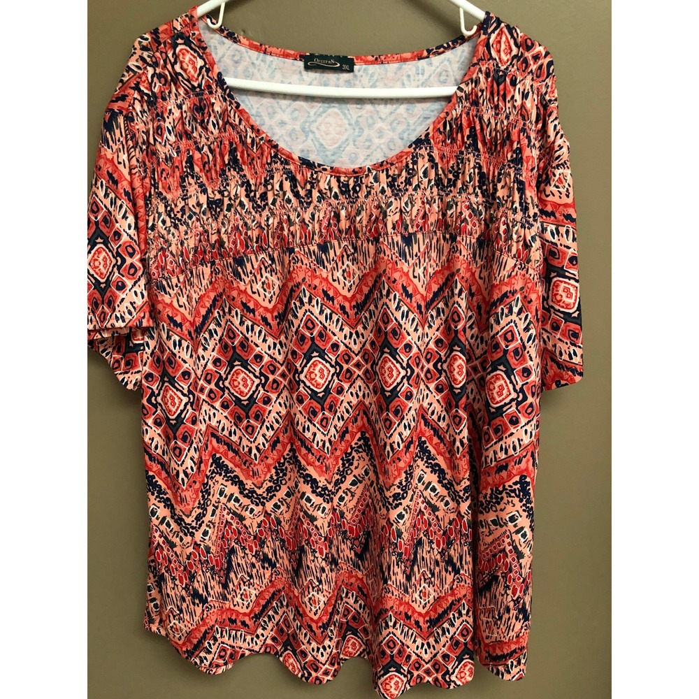 OFEEFAN Women 3XL Smocked Scoop Neck Top Orange Navy Geometric Boho Indie Blouse